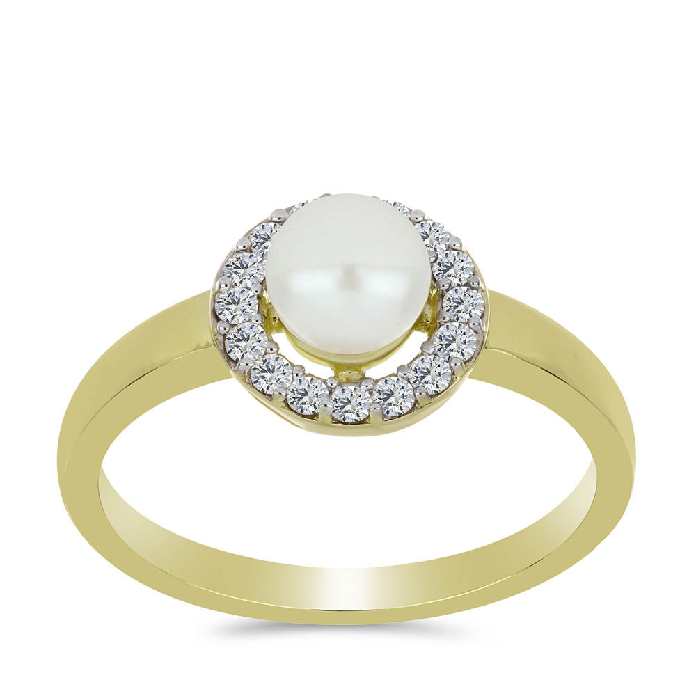 Inel din Argint 925 Placat cu Aur ( 2.55 grame ) cu Perlă de Apă Dulce Albă și Topaz Alb 1.47 Carate