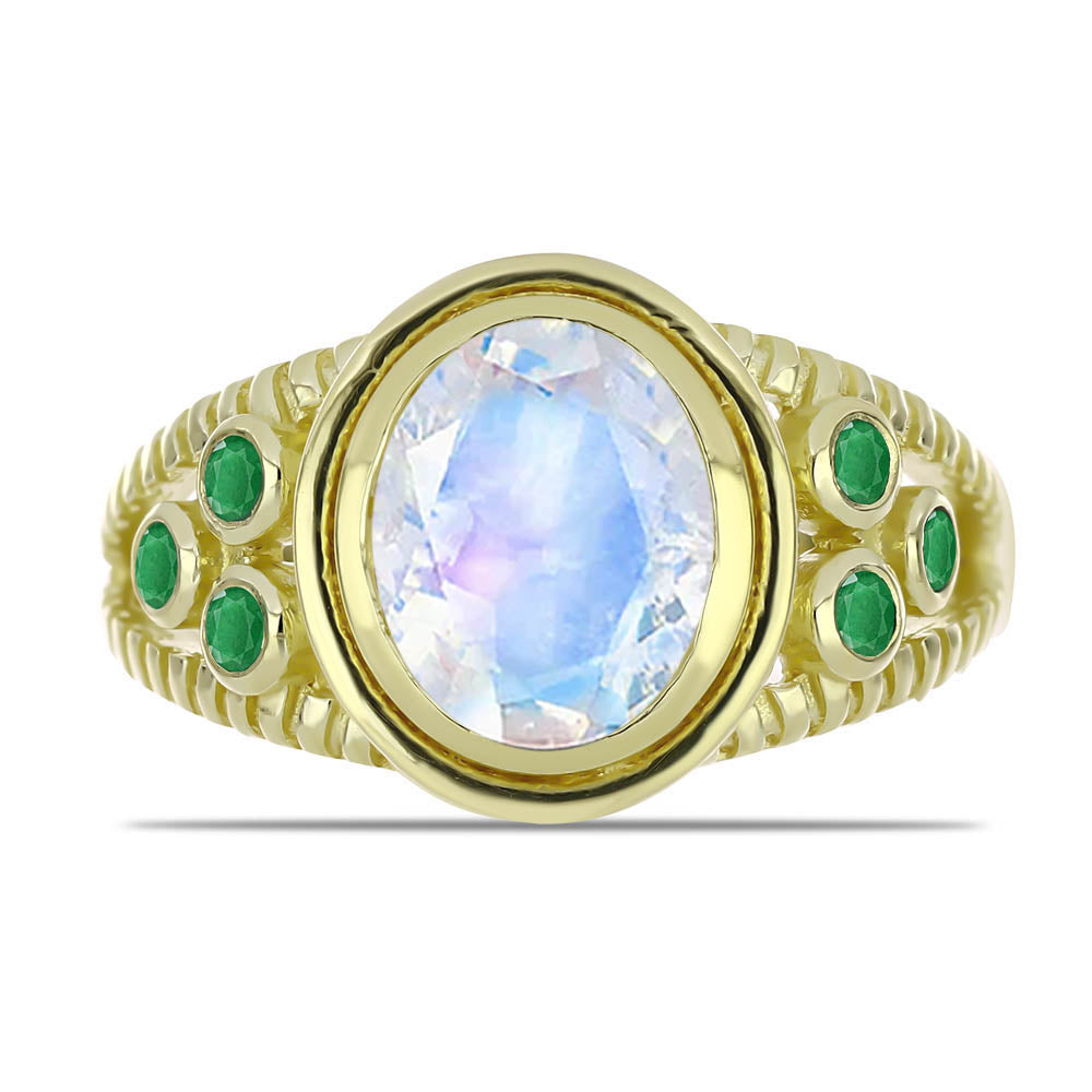 Inel din Argint 925 Placat cu Aur ( 5.13 grame ) cu Piatra Lunii Curcubeu și Smarald Brazilian 2.66 Carate