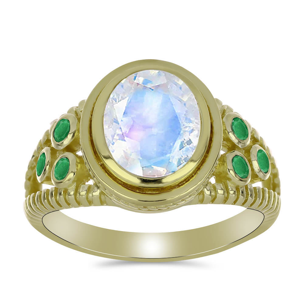 Inel din Argint 925 Placat cu Aur ( 5.13 grame ) cu Piatra Lunii Curcubeu și Smarald Brazilian 2.66 Carate 3 