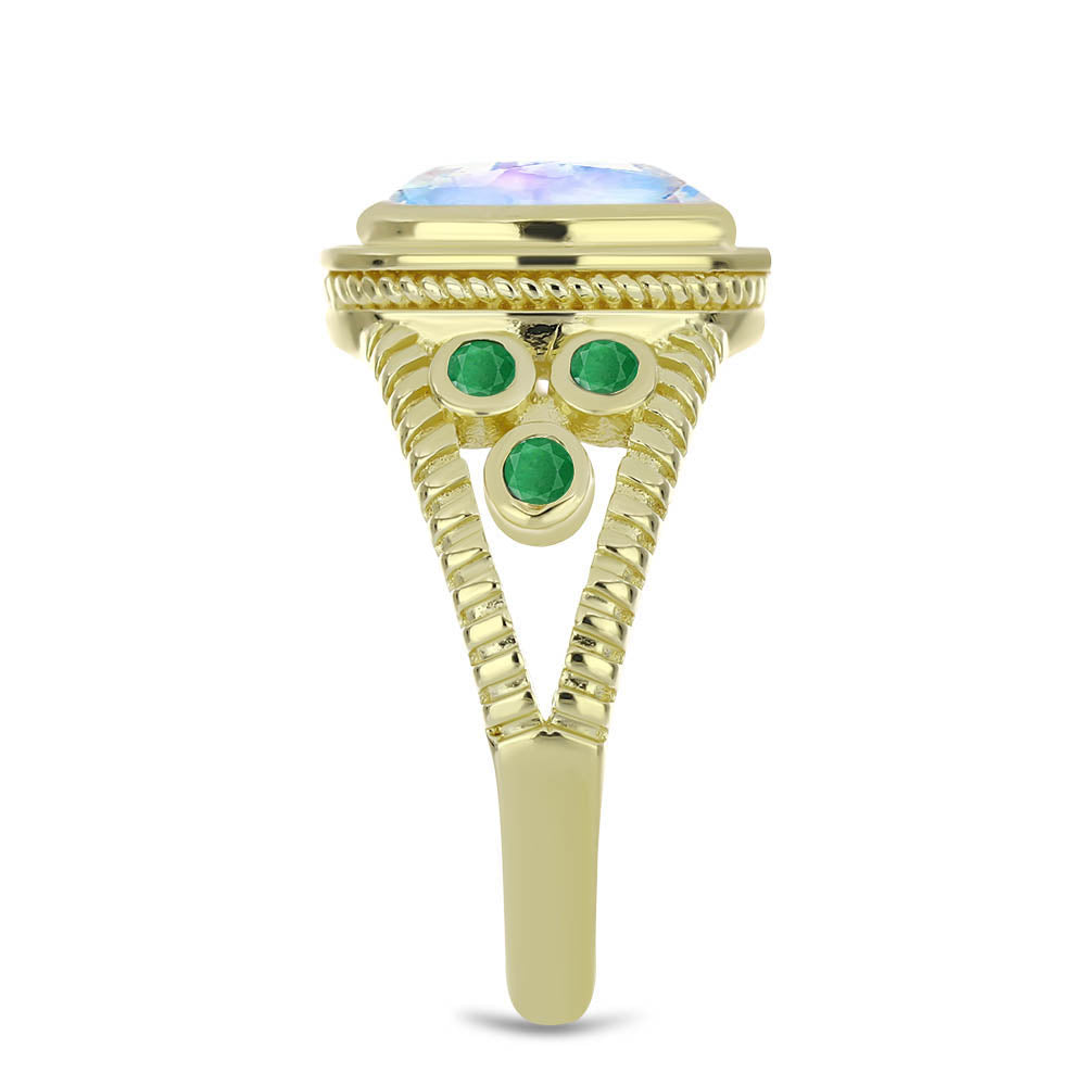 Inel din Argint 925 Placat cu Aur ( 5.13 grame ) cu Piatra Lunii Curcubeu și Smarald Brazilian 2.66 Carate 4 