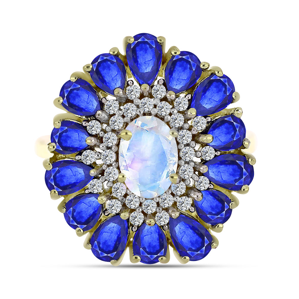 Inel din Argint 925 Placat cu Aur ( 4.95 grame ) cu Piatra Lunii Curcubeu și Safir Albastru Australian 4.77 Carate 1 