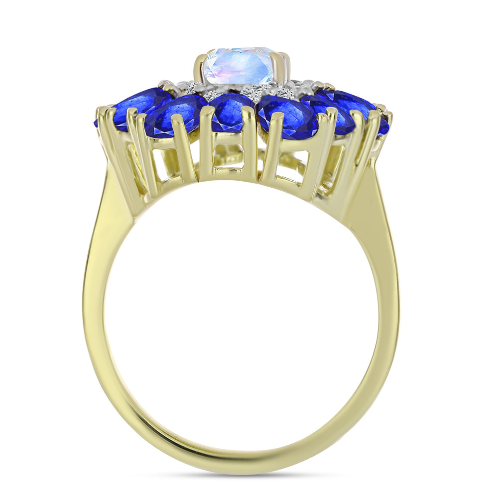 Inel din Argint 925 Placat cu Aur ( 4.95 grame ) cu Piatra Lunii Curcubeu și Safir Albastru Australian 4.77 Carate 2 