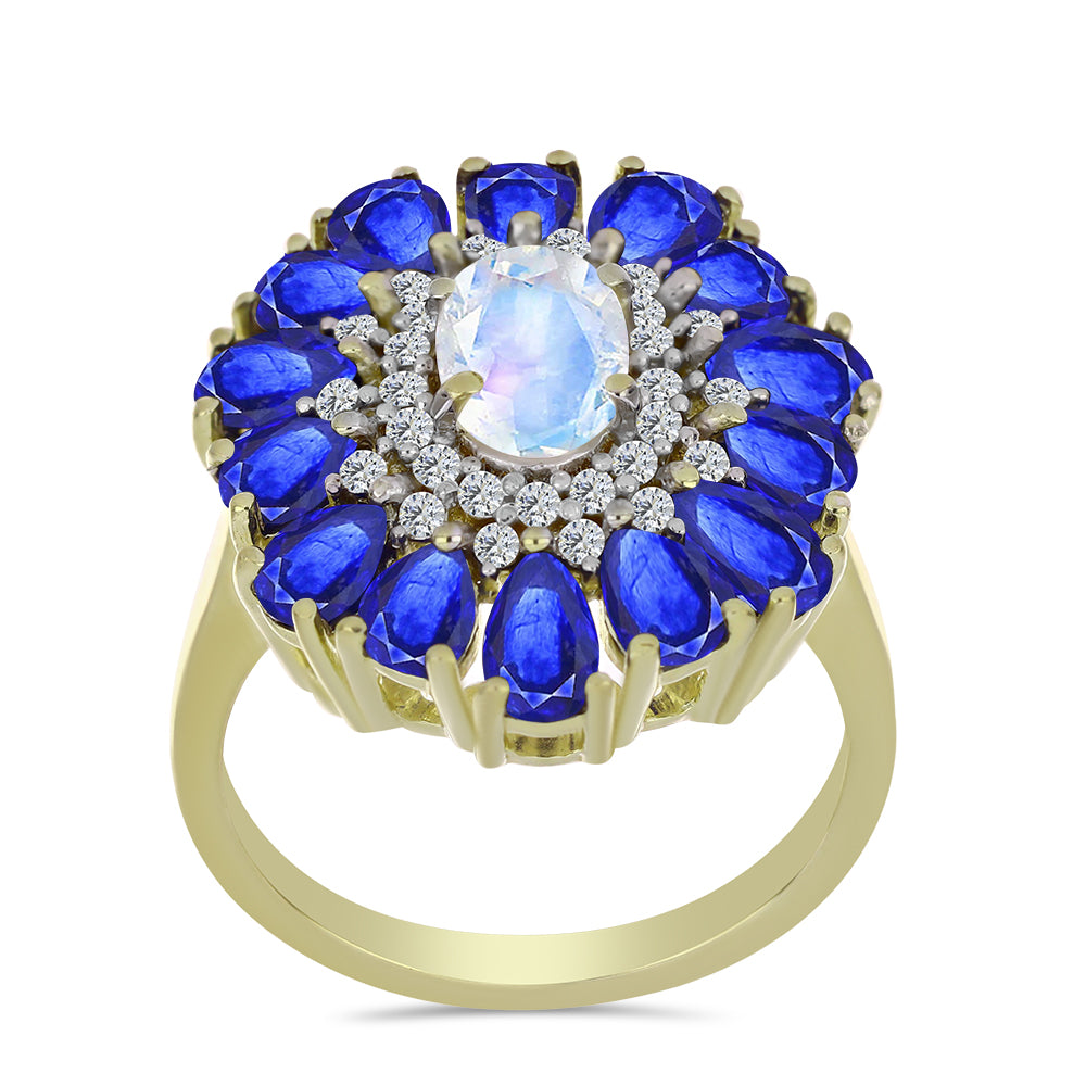 Inel din Argint 925 Placat cu Aur ( 4.95 grame ) cu Piatra Lunii Curcubeu și Safir Albastru Australian 4.77 Carate