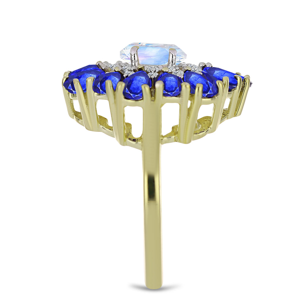 Inel din Argint 925 Placat cu Aur ( 4.95 grame ) cu Piatra Lunii Curcubeu și Safir Albastru Australian 4.77 Carate