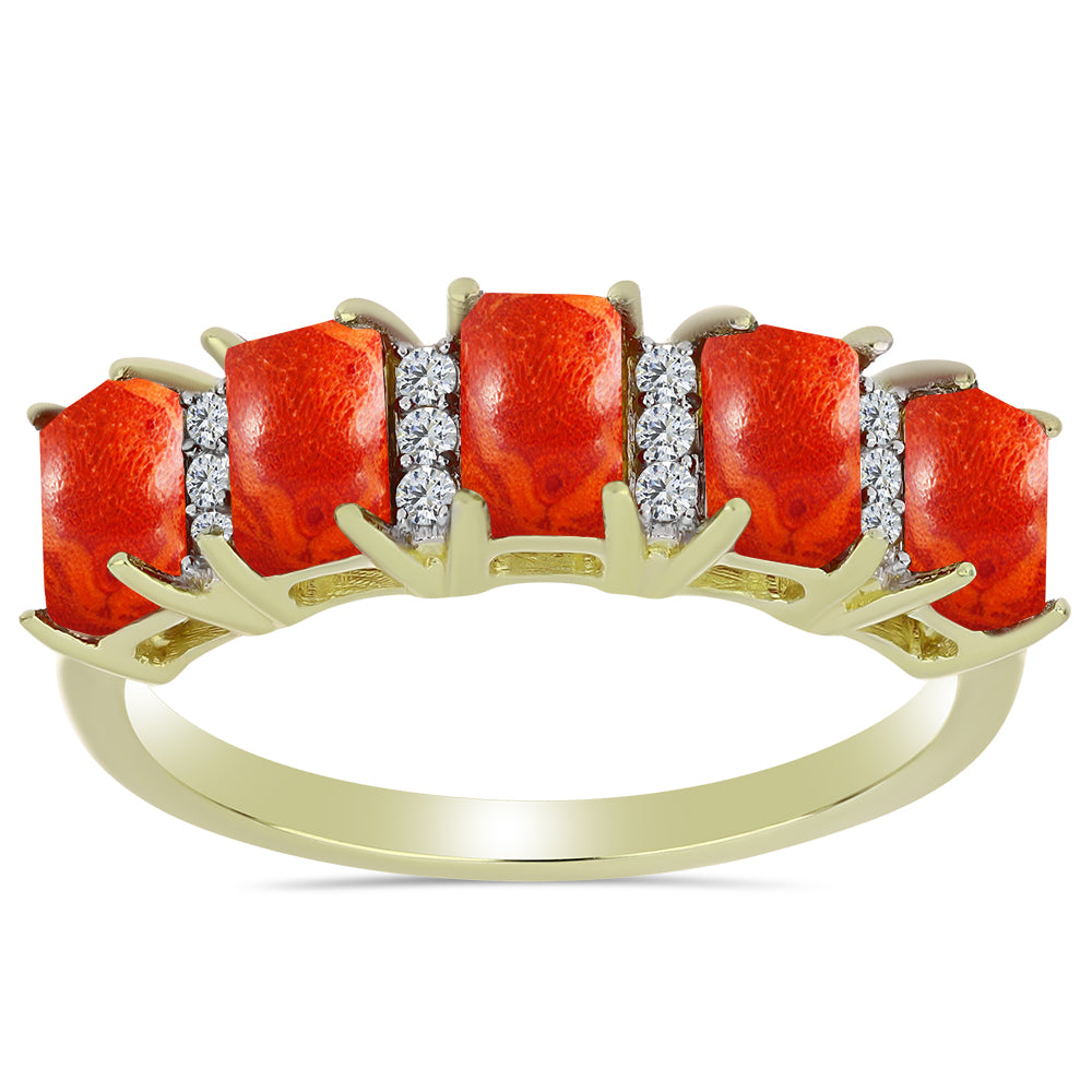 Inel din Argint 925 Placat cu Aur ( 2.53 grame ) cu Coral Roșu Burete și Topaz Alb 1.61 Carate