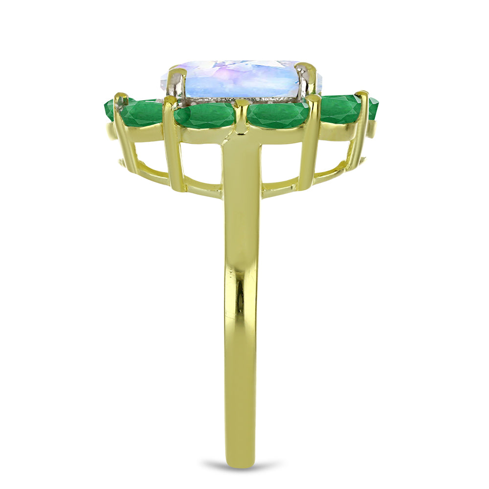 Inel din Argint 925 Placat cu Aur ( 4.17 grame ) cu Piatra Lunii Curcubeu și Smarald Brazilian 3.81 Carate 4 