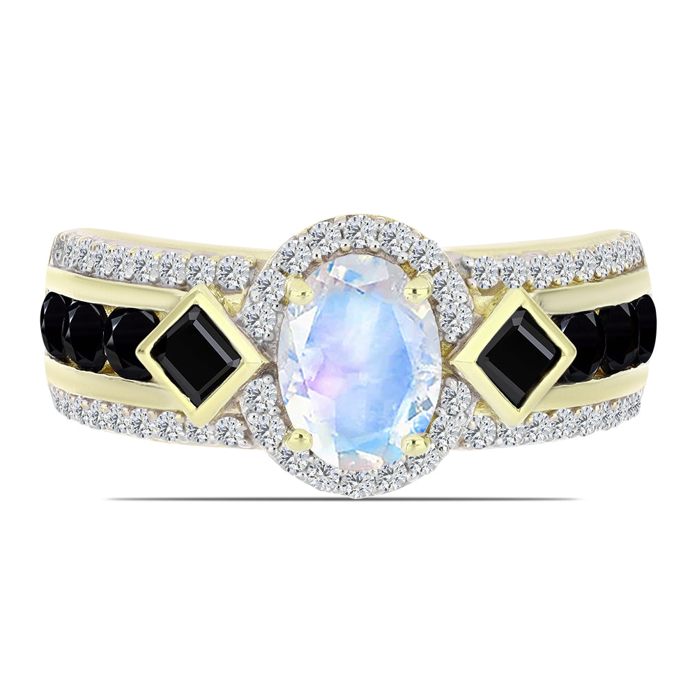 Inel din Argint 925 Placat cu Aur ( 4.7 grame ) cu Piatra Lunii Curcubeu și Spinel Negru 3.02 Carate