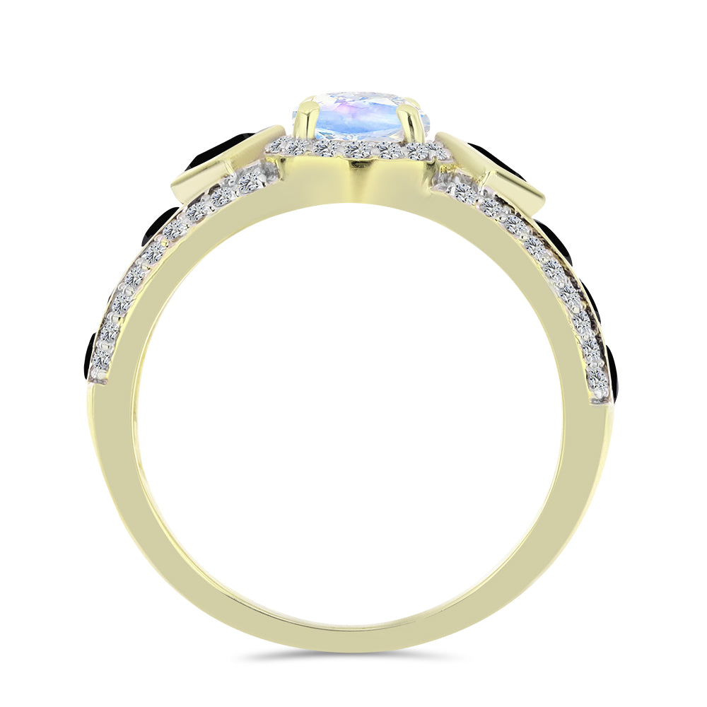 Inel din Argint 925 Placat cu Aur ( 4.7 grame ) cu Piatra Lunii Curcubeu și Spinel Negru 3.02 Carate