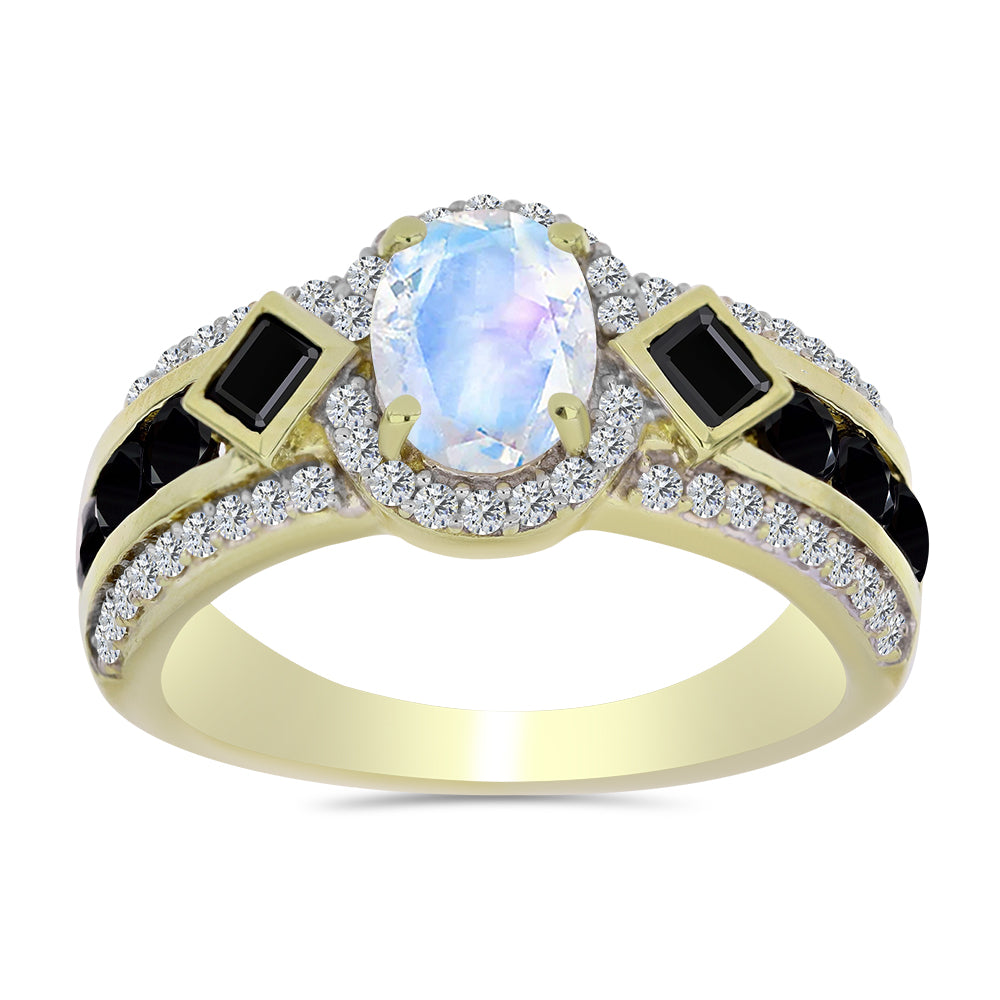 Inel din Argint 925 Placat cu Aur ( 4.7 grame ) cu Piatra Lunii Curcubeu și Spinel Negru 3.02 Carate 3 