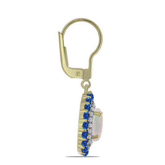Cercei din Argint 925 Placat cu Aur ( 3.67 grame ) cu Piatra Lunii Curcubeu și Safir Albastru Australian 6.08 Carate