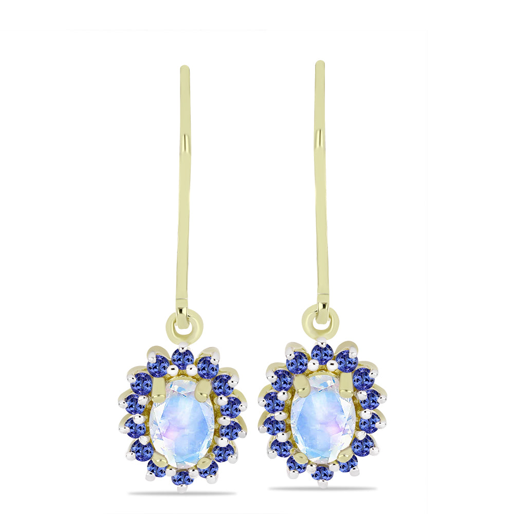 Cercei din Argint 925 Placat cu Aur ( 2.17 grame ) cu Piatra Lunii Curcubeu și Tanzanit 1.36 Carate