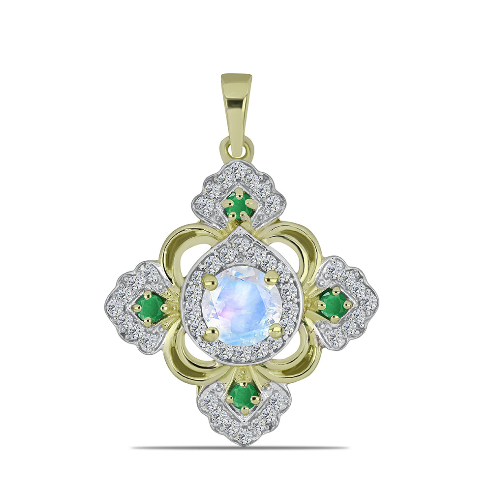 Pandantiv din Argint 925 Placat cu Aur ( 2.61 grame ) cu Piatra Lunii Curcubeu și Smarald Brazilian 1.51 Carate 1 