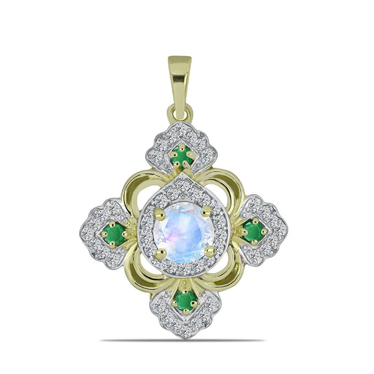 Pandantiv din Argint 925 Placat cu Aur ( 2.61 grame ) cu Piatra Lunii Curcubeu și Smarald Brazilian 1.51 Carate