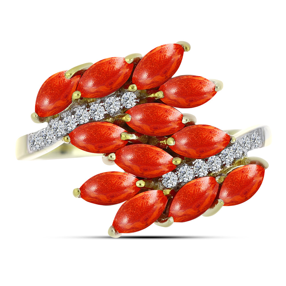 Inel din Argint 925 Placat cu Aur ( 3.15 grame ) cu Coral Roșu Burete și Topaz Alb 2.15 Carate 1 