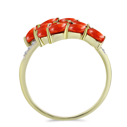 Inel din Argint 925 Placat cu Aur ( 3.15 grame ) cu Coral Roșu Burete și Topaz Alb 2.15 Carate