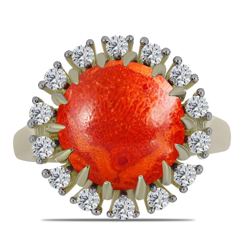 Inel din Argint 925 Placat cu Aur ( 4.25 grame ) cu Coral Roșu Burete și Topaz Alb 5.88 Carate
