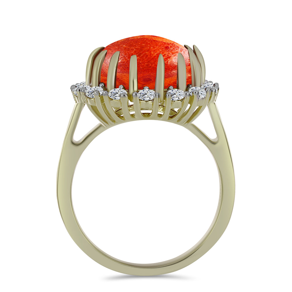 Inel din Argint 925 Placat cu Aur ( 4.25 grame ) cu Coral Roșu Burete și Topaz Alb 5.88 Carate 2 