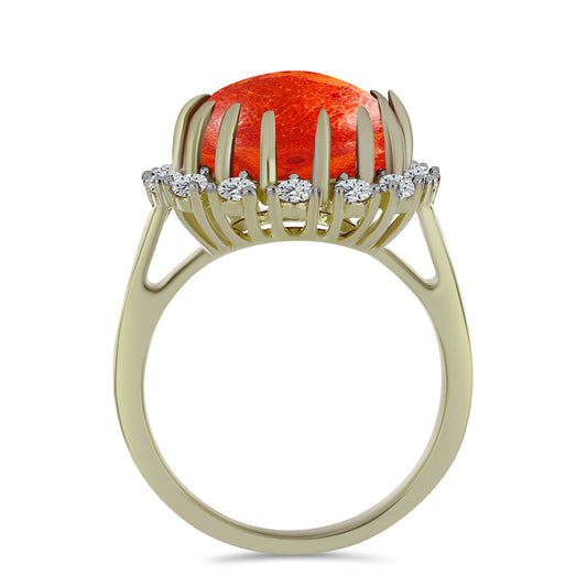 Inel din Argint 925 Placat cu Aur ( 4.25 grame ) cu Coral Roșu Burete și Topaz Alb 5.88 Carate