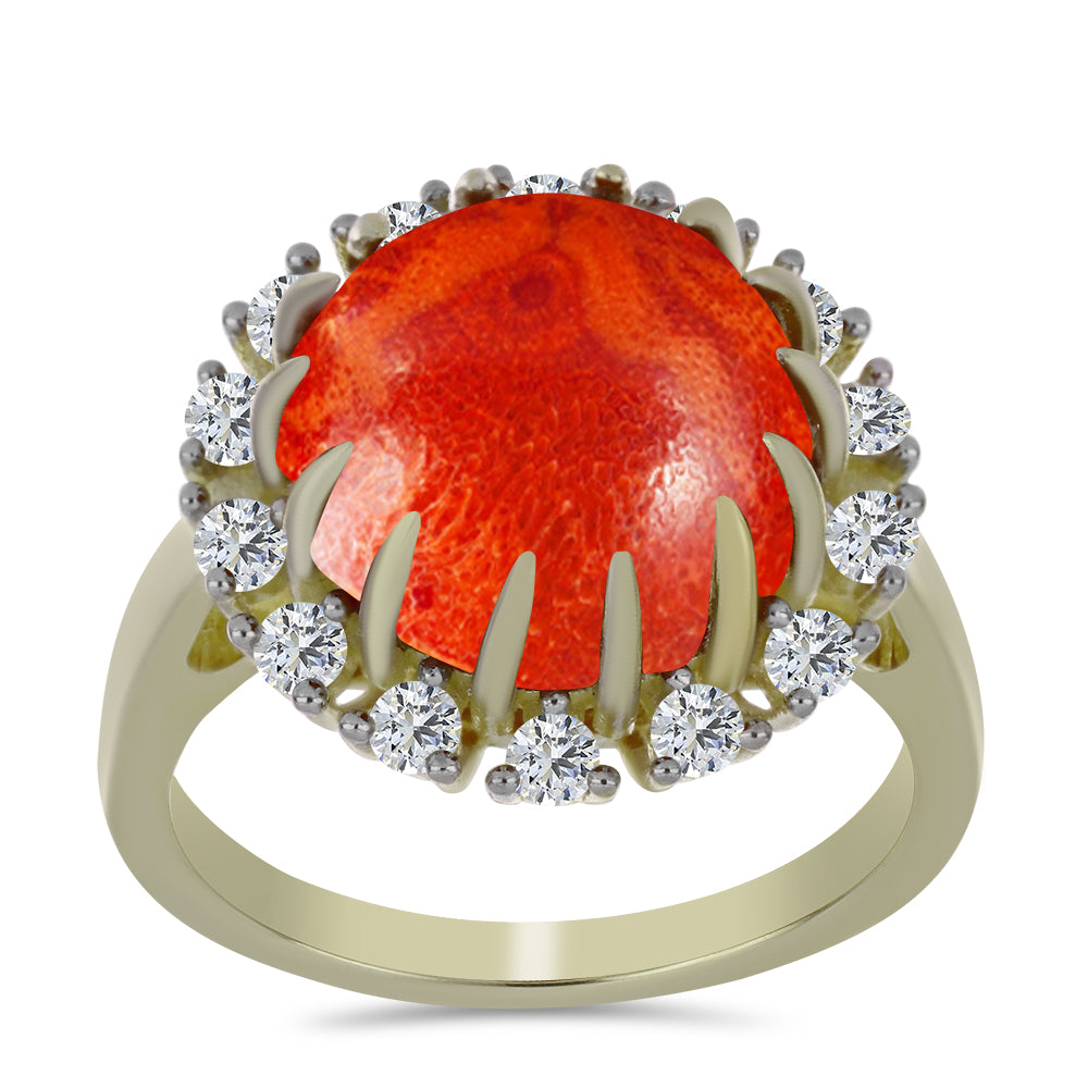 Inel din Argint 925 Placat cu Aur ( 4.25 grame ) cu Coral Roșu Burete și Topaz Alb 5.88 Carate 3 