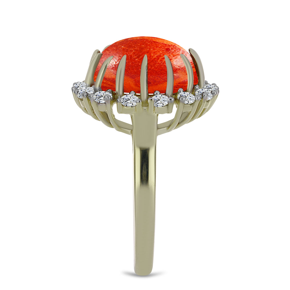 Inel din Argint 925 Placat cu Aur ( 4.25 grame ) cu Coral Roșu Burete și Topaz Alb 5.88 Carate 4 
