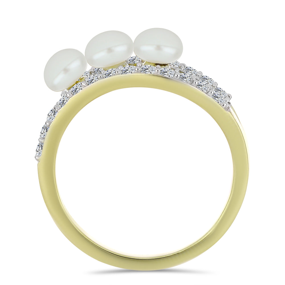 Inel din Argint 925 Placat cu Aur ( 2.64 grame ) cu Perlă de Apă Dulce Albă și Topaz Alb 2.25 Carate 3 