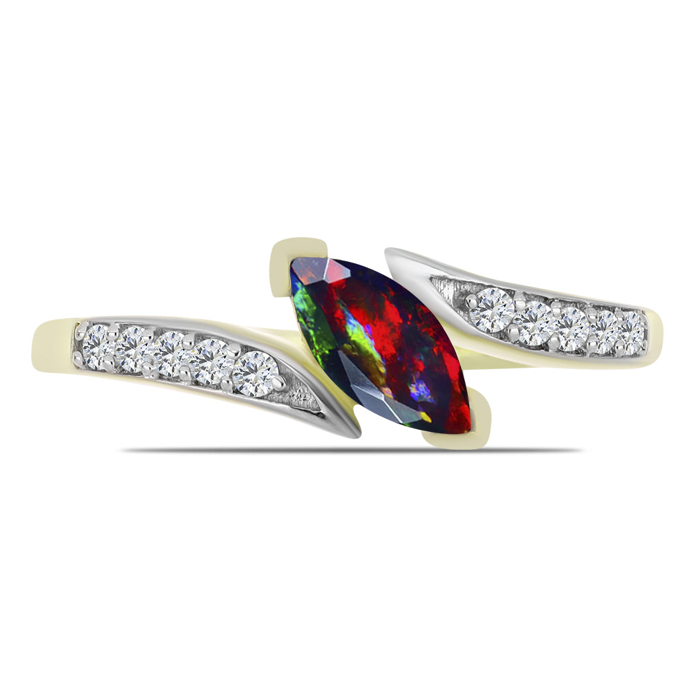 Inel din Argint 925 Placat cu Aur ( 1.85 grame ) cu Opal Etiopian Negru Lega Dembi și Topaz Alb 0.5 Carate