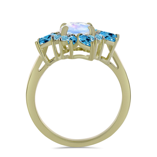 Inel din Argint 925 Placat cu Aur ( 3.91 grame ) cu Piatra Lunii Curcubeu și Topaz Albastru ”Elveția” 2.84 Carate