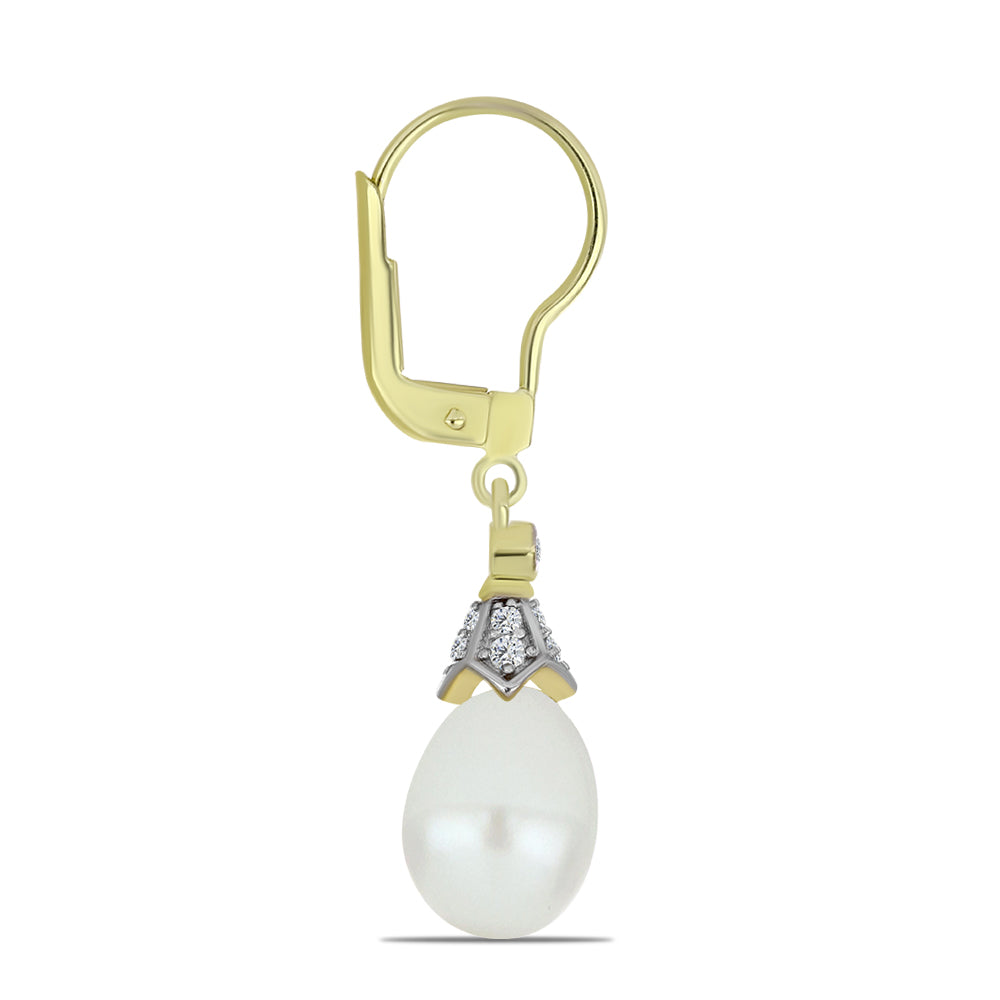 Cercei din Argint 925 Placat cu Aur ( 1.88 grame ) cu Perlă de Apă Dulce Albă și Topaz Alb 10.03 Carate 2 