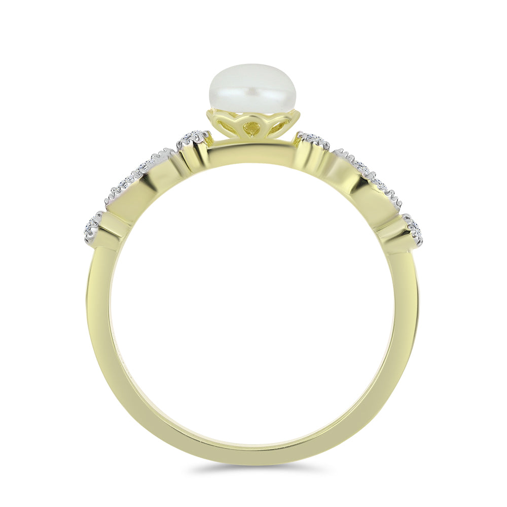 Inel din Argint 925 Placat cu Aur ( 1.97 grame ) cu Perlă de Apă Dulce Albă și Topaz Alb 1.14 Carate