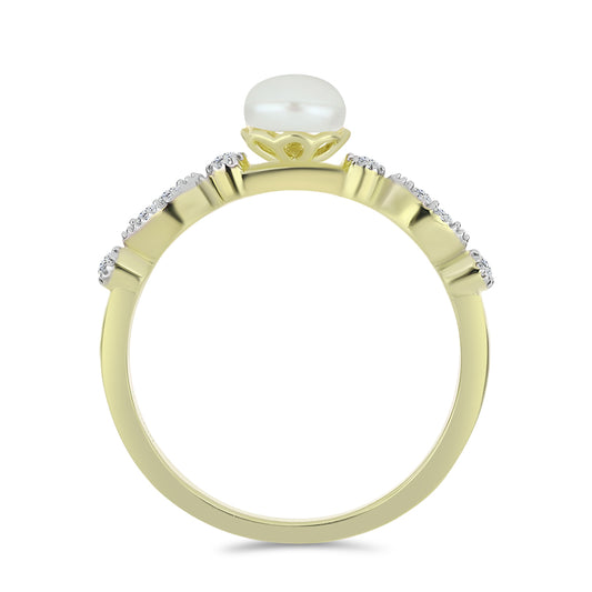 Inel din Argint 925 Placat cu Aur ( 1.97 grame ) cu Perlă de Apă Dulce Albă și Topaz Alb 1.14 Carate