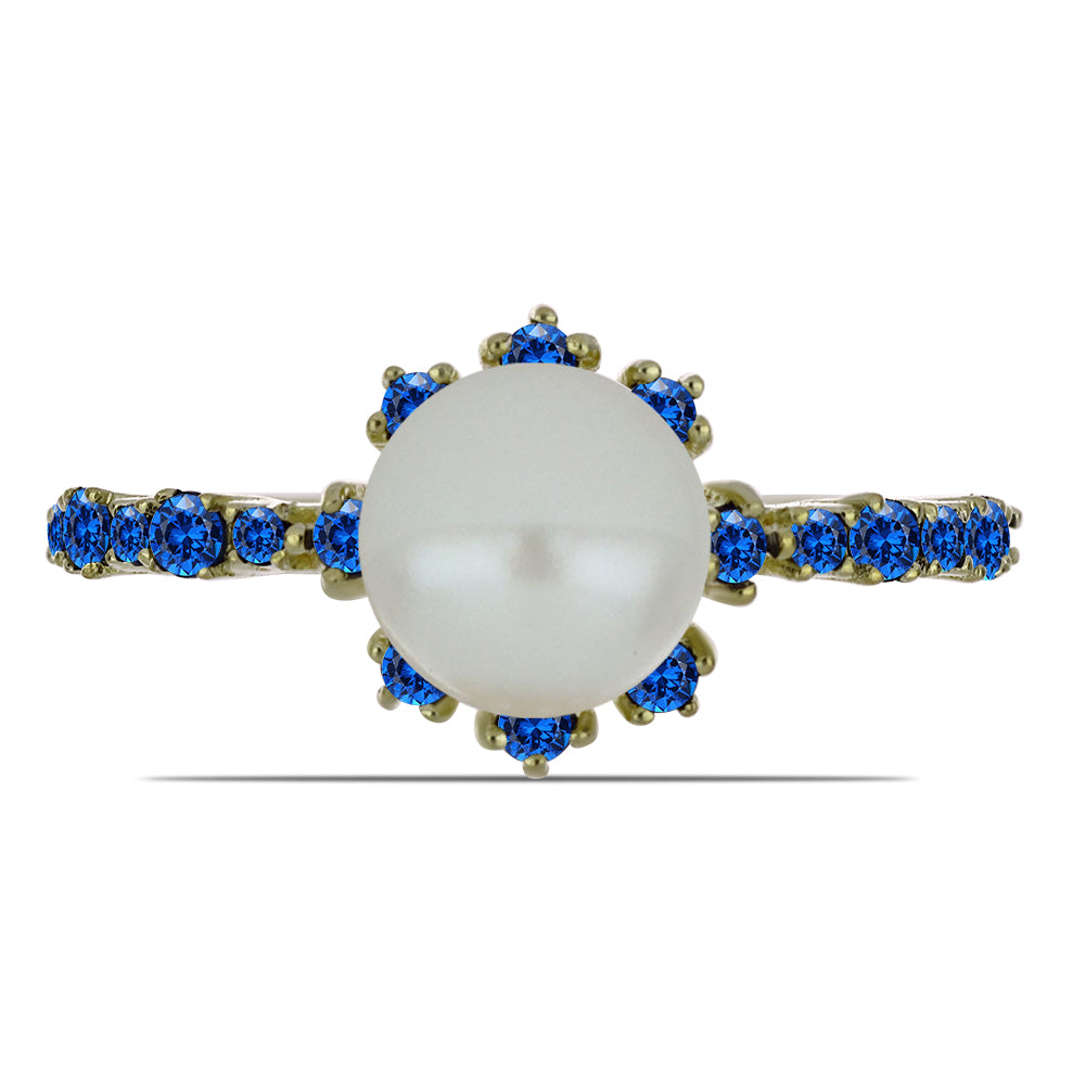 Inel din Argint 925 Placat cu Aur ( 2.29 grame ) cu Perlă de Apă Dulce Albă și Safir Albastru Australian 3.88 Carate