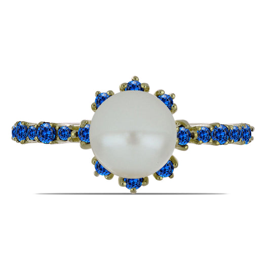 Inel din Argint 925 Placat cu Aur ( 2.29 grame ) cu Perlă de Apă Dulce Albă și Safir Albastru Australian 3.88 Carate