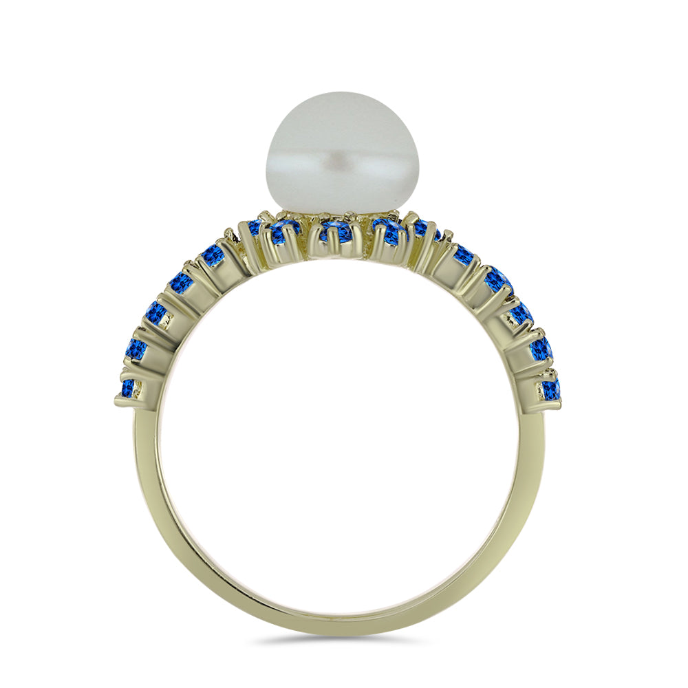 Inel din Argint 925 Placat cu Aur ( 2.29 grame ) cu Perlă de Apă Dulce Albă și Safir Albastru Australian 3.88 Carate 2 
