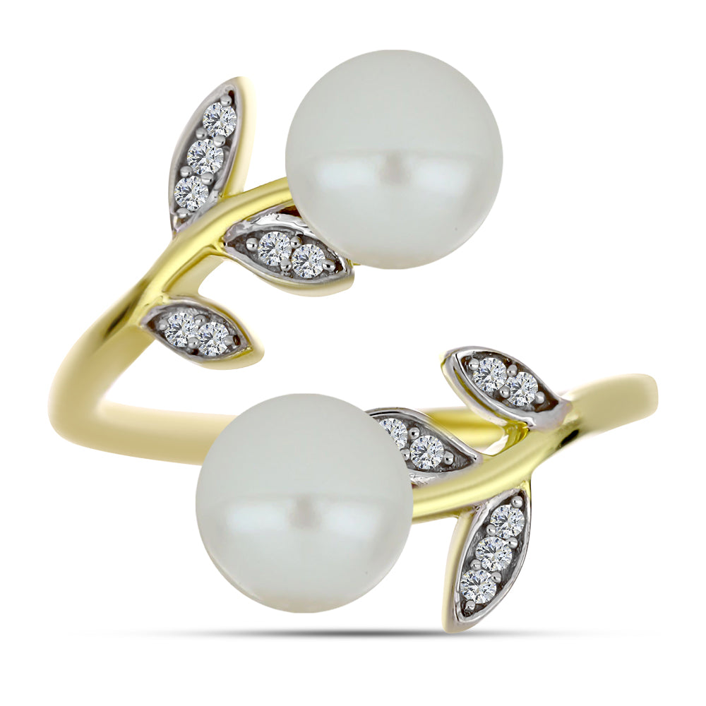 Inel din Argint 925 Placat cu Aur ( 3.22 grame ) cu Perlă de Apă Dulce Albă și Topaz Alb 5.54 Carate