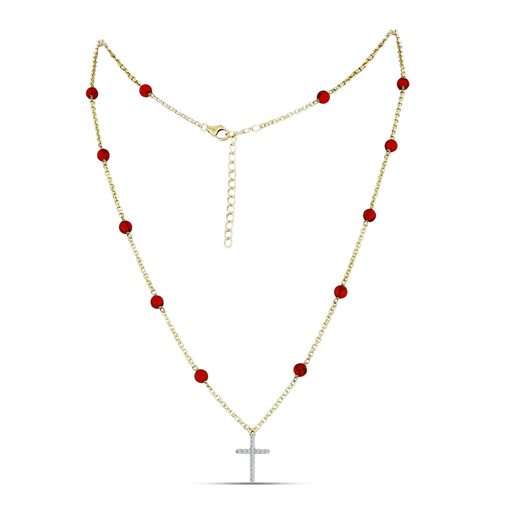 Colier din Argint 925 Placat cu Aur ( 3.8 grame ) cu Coral Roșu Burete și Topaz Alb 6.2 Carate 1 