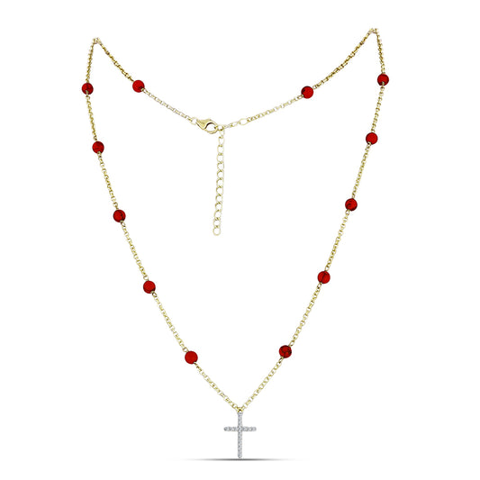 Colier din Argint 925 Placat cu Aur ( 3.8 grame ) cu Coral Roșu Burete și Topaz Alb 6.2 Carate