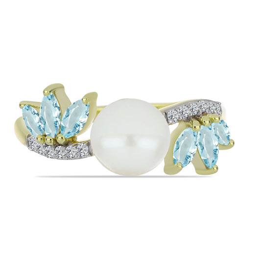 Inel din Argint 925 Placat cu Aur ( 2.75 grame ) cu Perlă de Apă Dulce Albă și Acvamarin 3.88 Carate