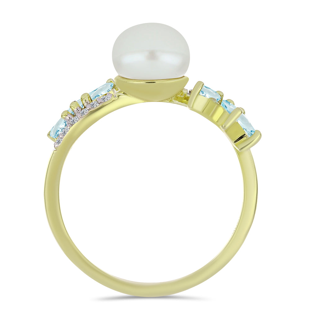 Inel din Argint 925 Placat cu Aur ( 2.75 grame ) cu Perlă de Apă Dulce Albă și Acvamarin 3.88 Carate 2 