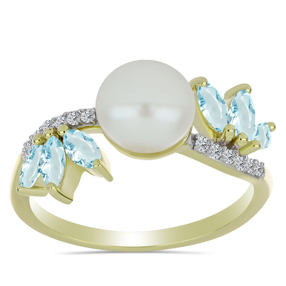 Inel din Argint 925 Placat cu Aur ( 2.75 grame ) cu Perlă de Apă Dulce Albă și Acvamarin 3.88 Carate