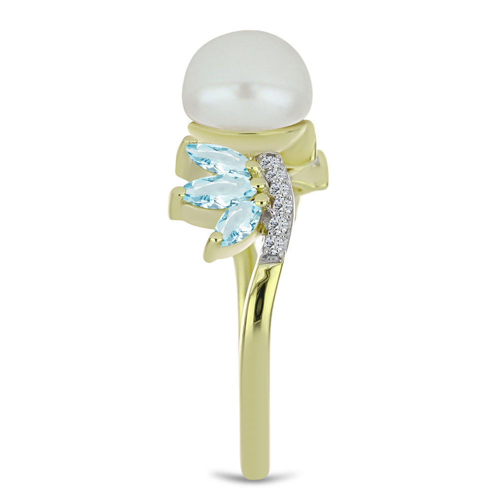 Inel din Argint 925 Placat cu Aur ( 2.75 grame ) cu Perlă de Apă Dulce Albă și Acvamarin 3.88 Carate 4 