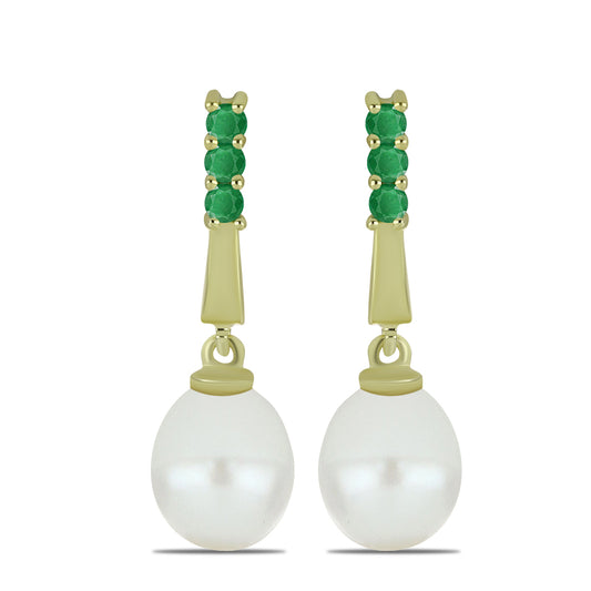 Cercei din Argint 925 Placat cu Aur ( 2.57 grame ) cu Perlă de Apă Dulce Albă și Smarald Brazilian 9.86 Carate