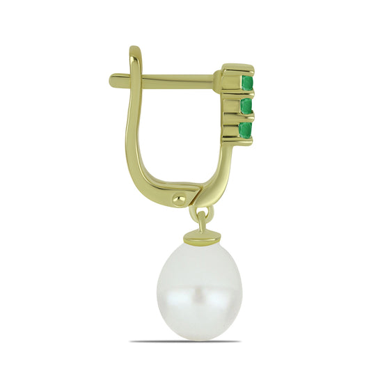 Cercei din Argint 925 Placat cu Aur ( 2.57 grame ) cu Perlă de Apă Dulce Albă și Smarald Brazilian 9.86 Carate