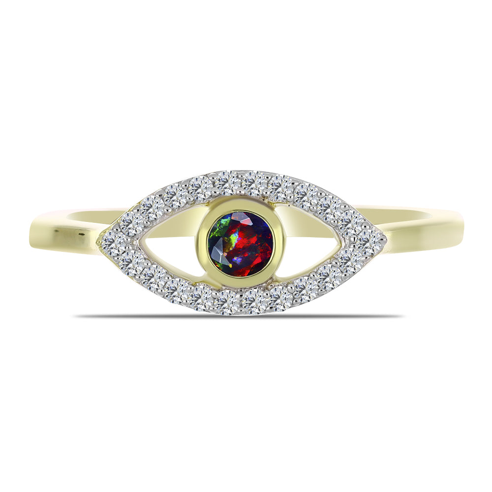 Inel din Argint 925 Placat cu Aur ( 1.89 grame ) cu Opal Etiopian Negru Lega Dembi și Topaz Alb 0.26 Carate