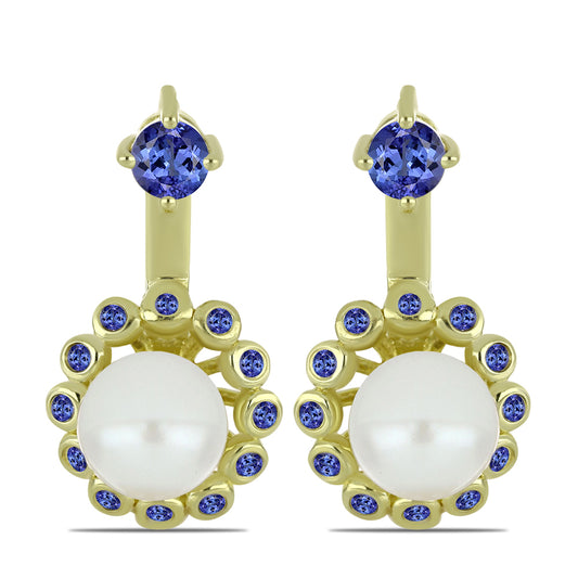 Cercei din Argint 925 Placat cu Aur ( 5.69 grame ) cu Perlă de Apă Dulce Albă și Tanzanit 6.36 Carate