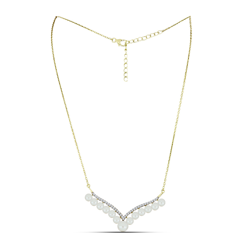 Colier din Argint 925 Placat cu Aur ( 5.12 grame ) cu Perlă de Apă Dulce Albă și Topaz Alb 4.95 Carate