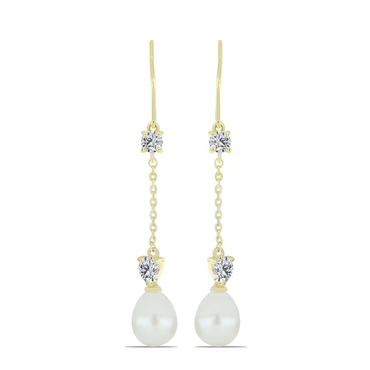 Cercei din Argint 925 Placat cu Aur ( 1.98 grame ) cu Perlă de Apă Dulce Albă și Topaz Alb 11.32 Carate