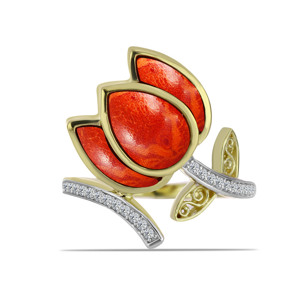 Inel din Argint 925 Placat cu Aur ( 4.51 grame ) cu Coral Roșu Burete și Topaz Alb 2.55 Carate 1 