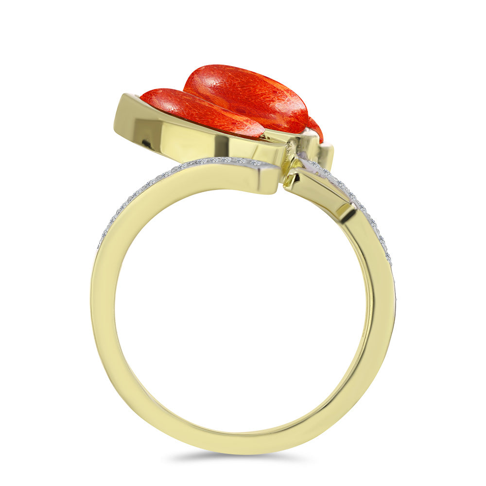 Inel din Argint 925 Placat cu Aur ( 4.51 grame ) cu Coral Roșu Burete și Topaz Alb 2.55 Carate