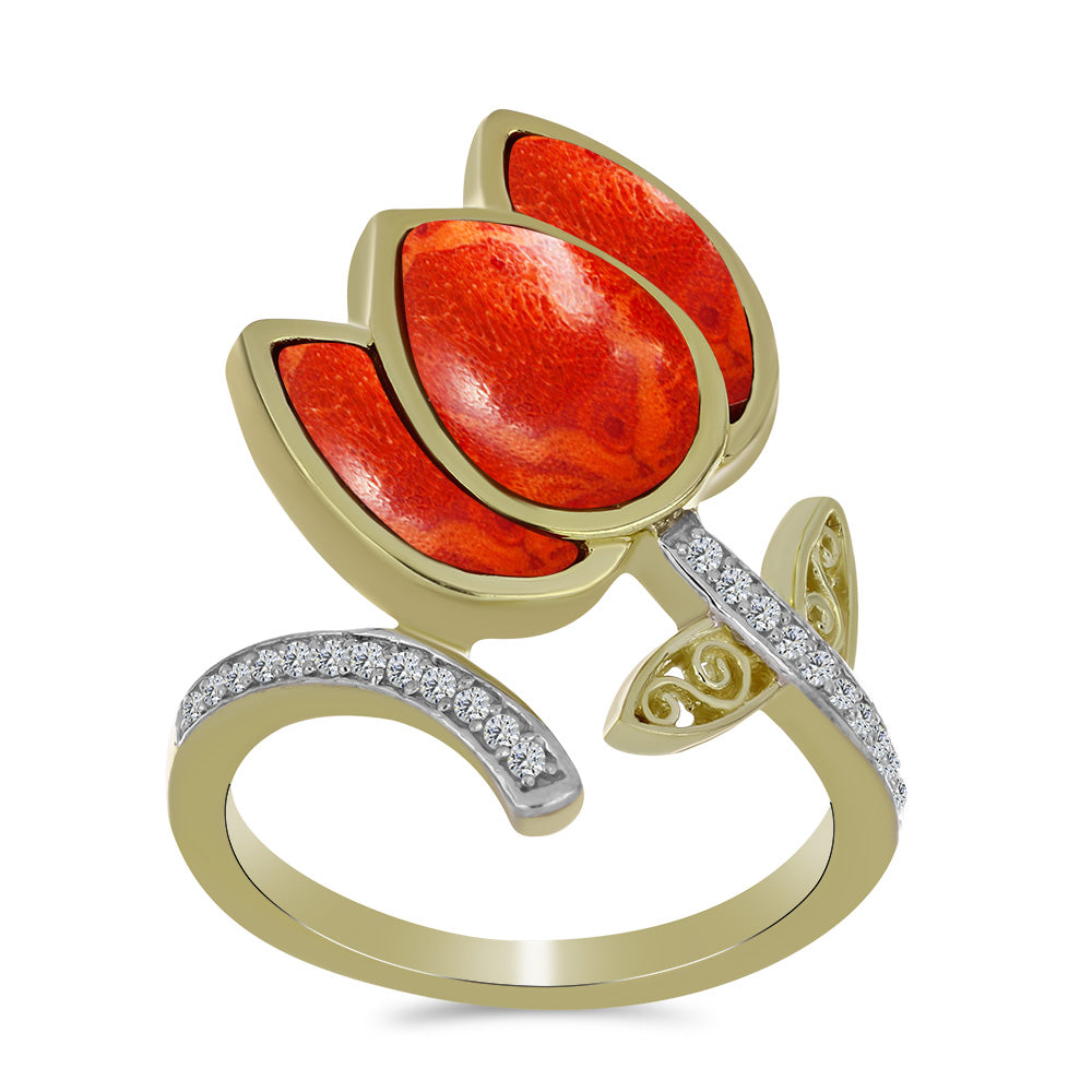 Inel din Argint 925 Placat cu Aur ( 4.51 grame ) cu Coral Roșu Burete și Topaz Alb 2.55 Carate