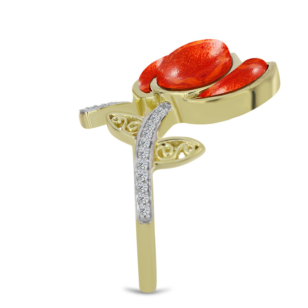 Inel din Argint 925 Placat cu Aur ( 4.51 grame ) cu Coral Roșu Burete și Topaz Alb 2.55 Carate